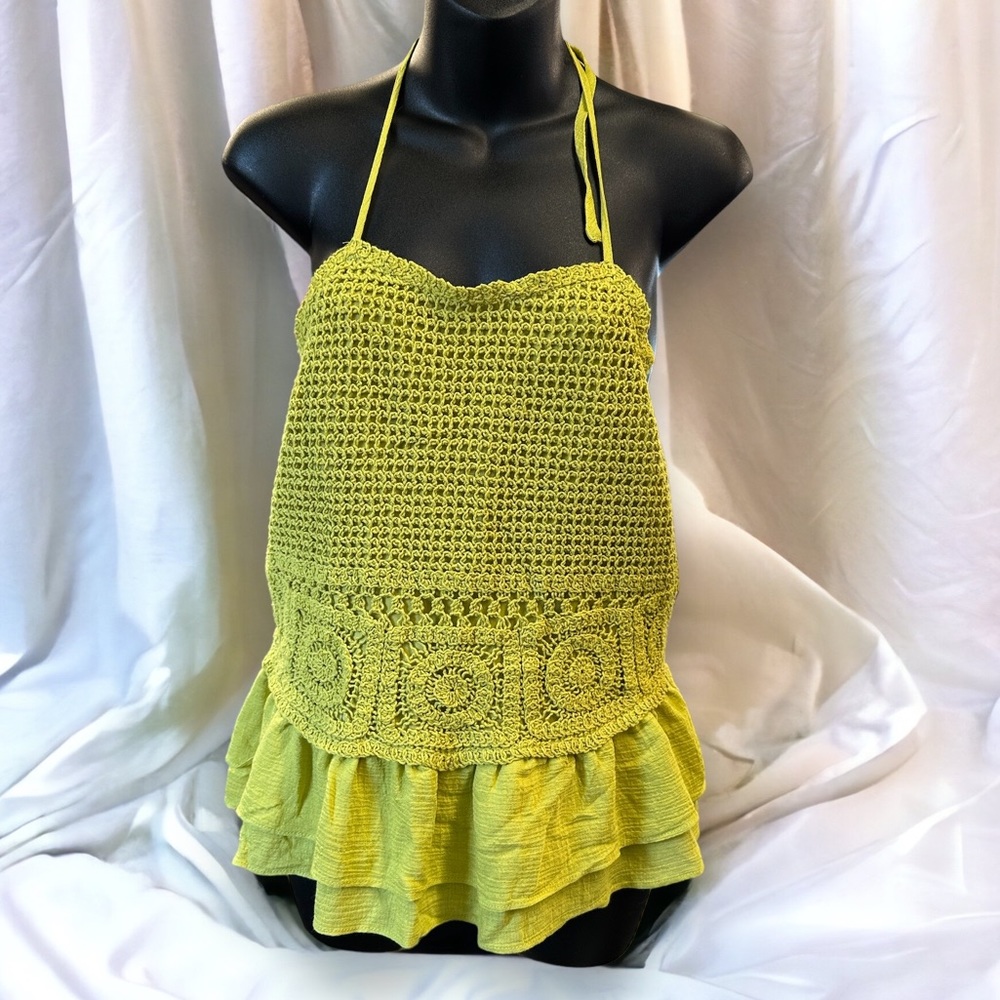 Milk & honey women's linen halter top chartruese Anthropologie crochet boho exc - Picture 1 of 6
